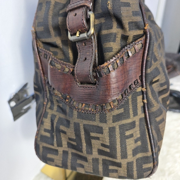FENDI Zucca Etnico Handbag Tote Bag Nylon Canvas Leather Khaki Dark Brown - Picture 9 of 16
